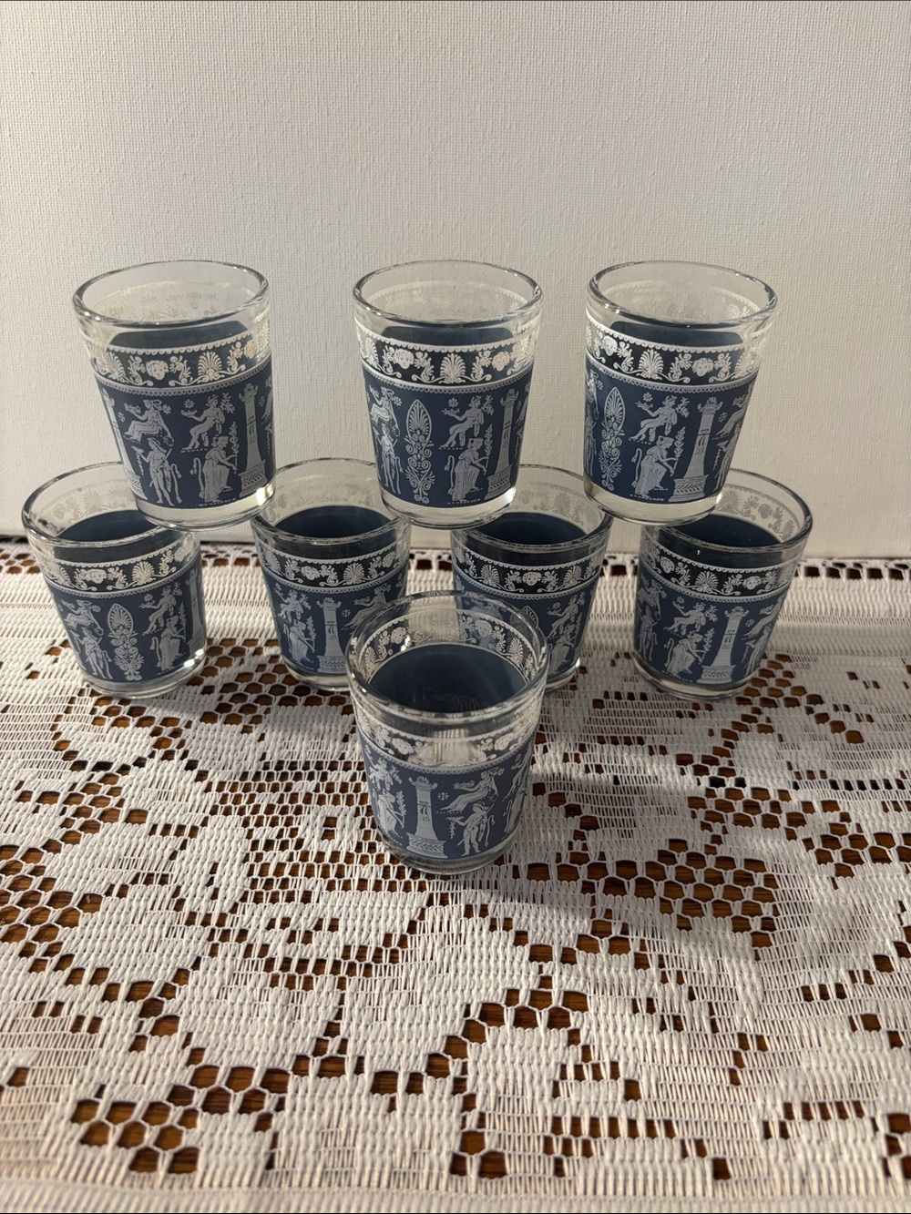 MCM Blue and White Greek Motif Glasses - Set of 8 - 6 Oz shot glasses